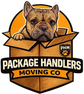 French bulldog logo in a cardboard box with &ldquo;Package Handlers Moving Co&rdquo; text on orange and black shield