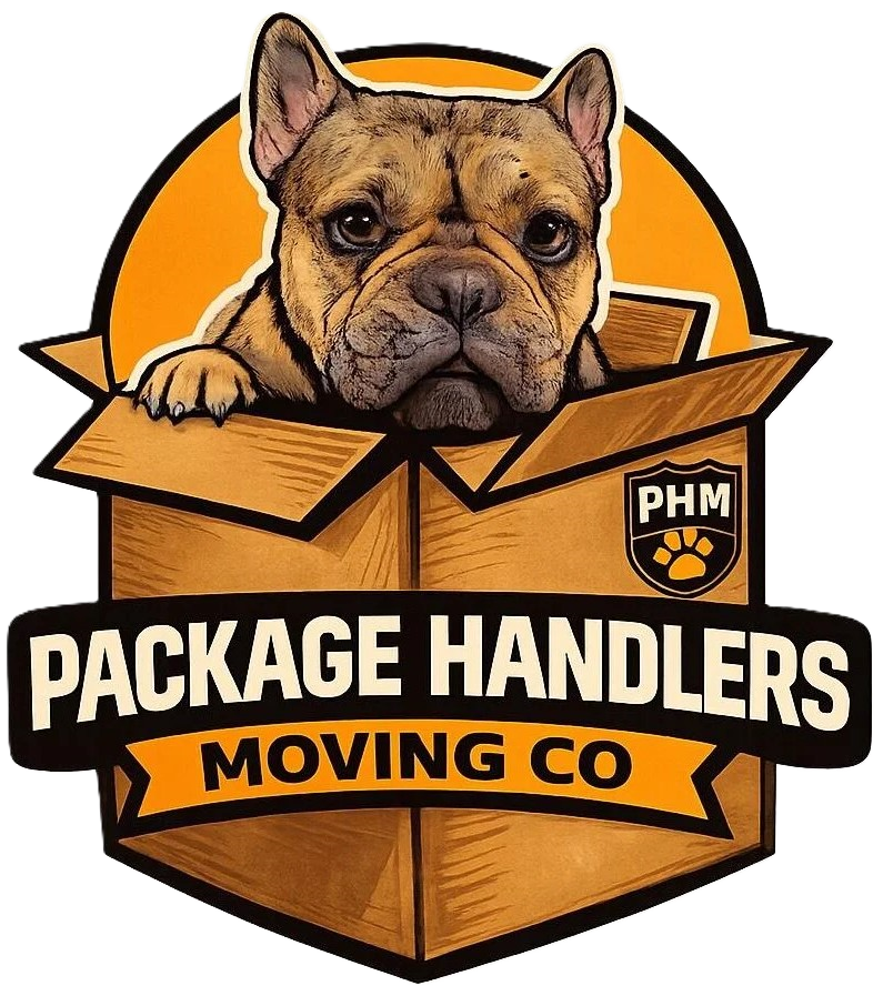 French bulldog logo in a cardboard box with &ldquo;Package Handlers Moving Co&rdquo; text on orange and black shield