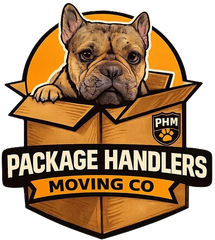 French bulldog logo in a cardboard box with &ldquo;Package Handlers Moving Co&rdquo; text on orange and black shield