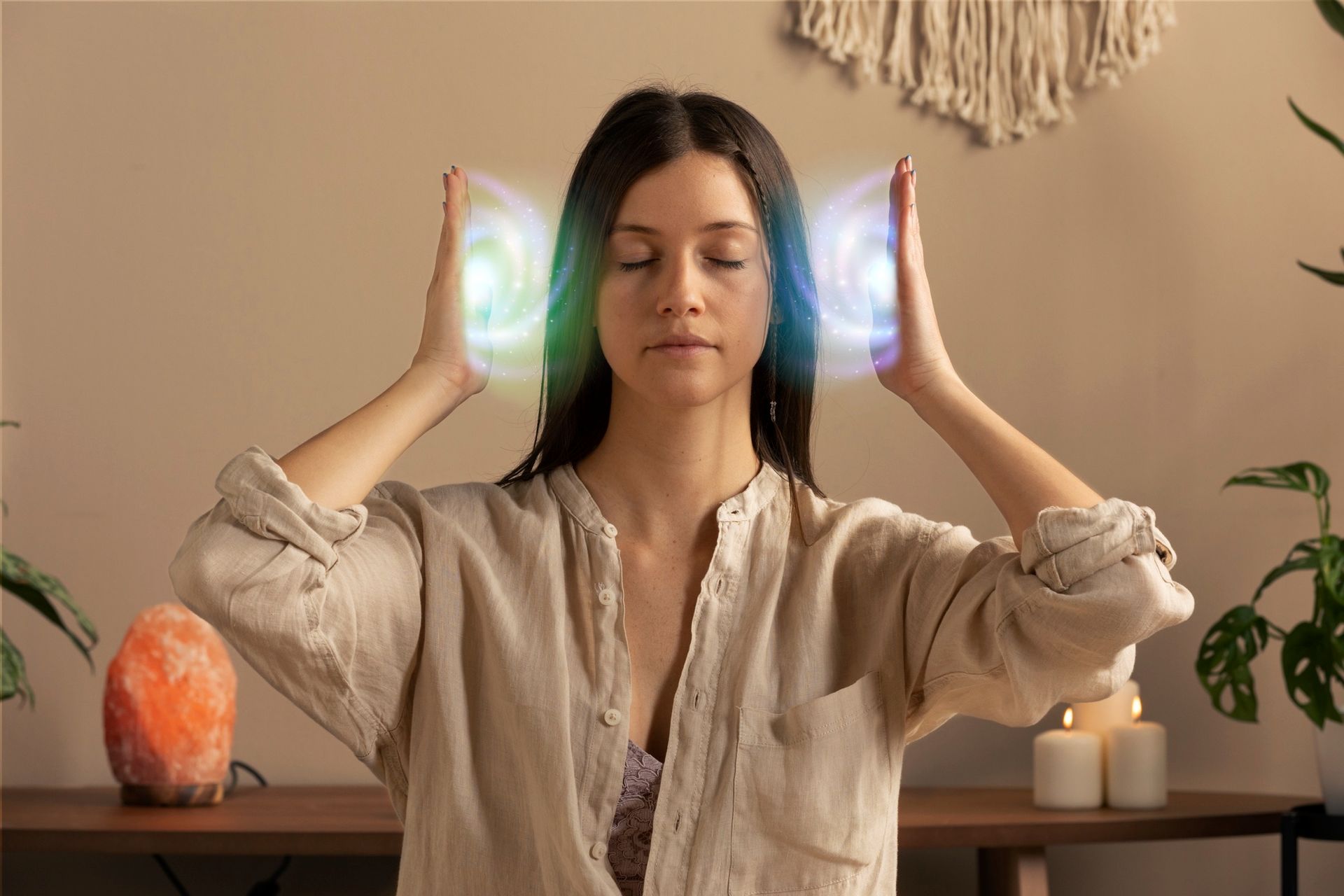 Mujer con los ojos cerrados, las manos cerca de la cabeza, con orbes brillantes azules y verdes