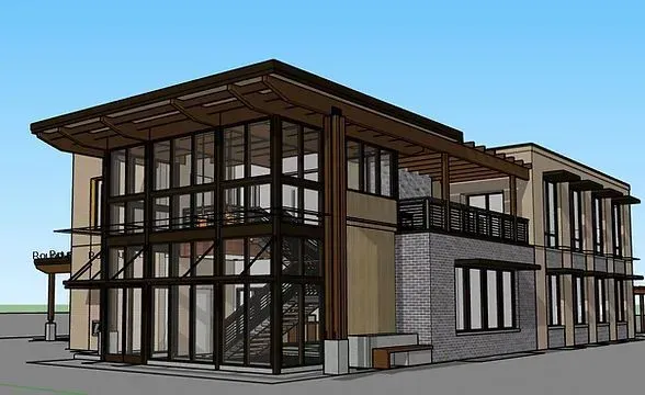 Architectural rendering of a modern two-story building with glass and brick facade, wooden accents, and an open-air deck.
