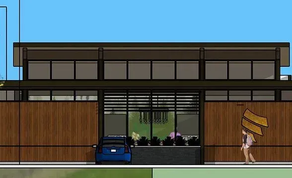 Modern building with horizontal wood siding, large windows, blue car, and person walking.