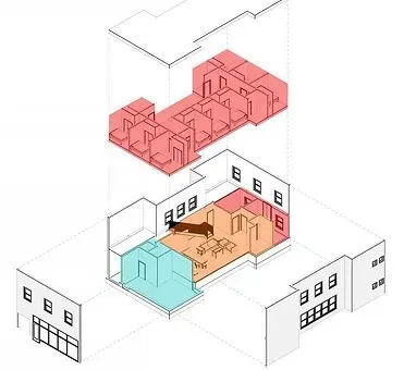 An architectural rendering shows an exploded view of a building.