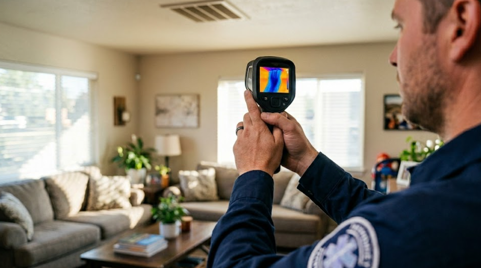 A focused technician performs a diagnostic HVAC cooling service in a Spokane home, using a thermal imaging camera to measure the flow of cold air from a ceiling vent.