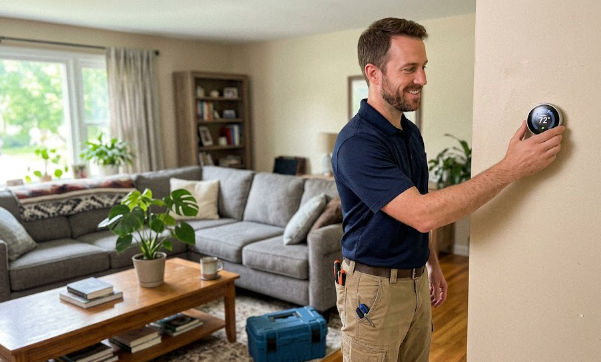 Friendly Spokane Heating and Cooling technician installing a smart home thermostat in a living room.