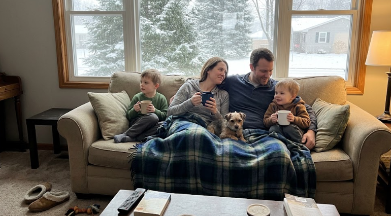 A happy family enjoying a warm and cozy home during a freezing Spokane winter thanks to a working heater.
