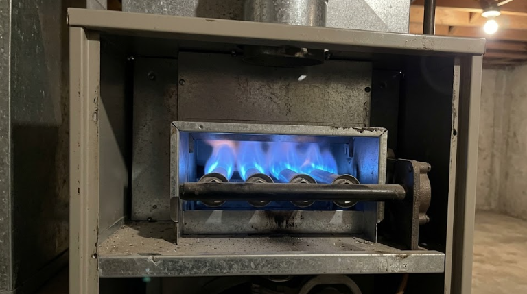 A healthy, clean blue burner flame inside a well-maintained home heating system.