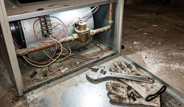 Professional heating repair services fixing a home furnace during winter in Spokane.