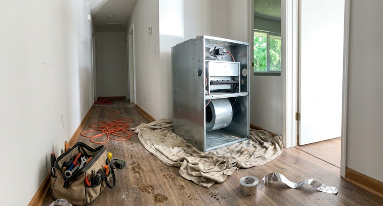 Professional HVAC technicians safely carrying a new heating system into a home for installation.