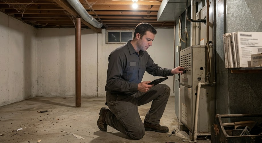 Friendly Spokane Heating and Cooling technician smiling next to a residential furnace.