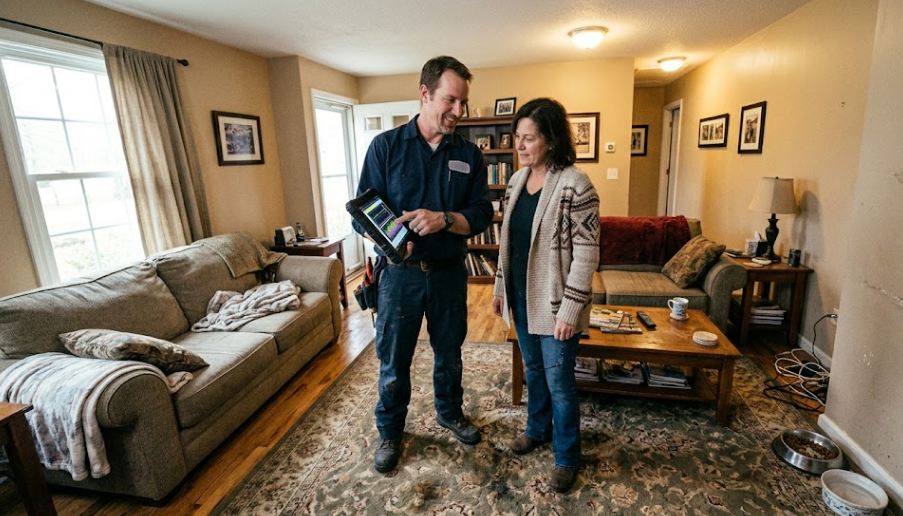 A Spokane Heating and Cooling technician explaining the furnace installation process to a local homeowner.