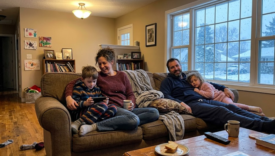 A happy family staying warm indoors during a freezing Spokane winter after a new furnace installation.