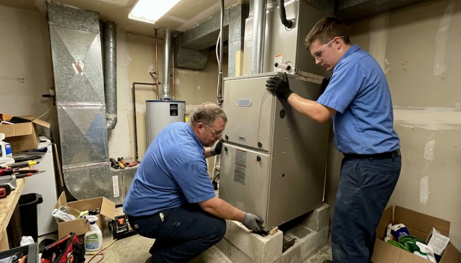 Two technicians from Spokane Heating and Cooling carefully installing a new furnace unit.