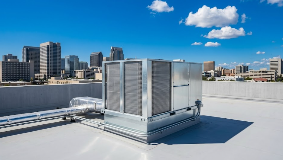 A new commercial HVAC unit was installed on a flat business rooftop in Spokane WA.