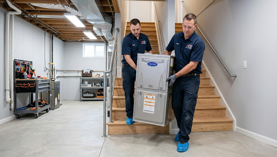 Professional HVAC installers carefully bringing a new furnace into a residential home.