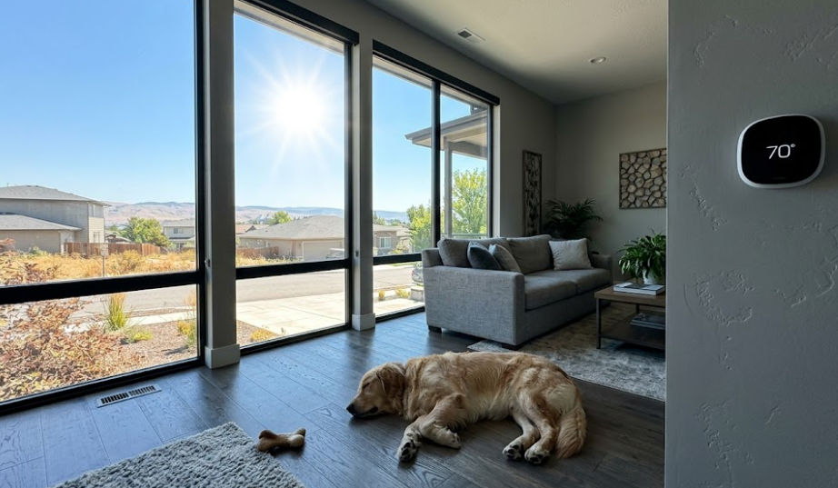 A comfortable, air-conditioned living room featuring a smart thermostat set to 70 degrees, highlighting the results of reliable HVAC Cooling Spokane systems during summer.