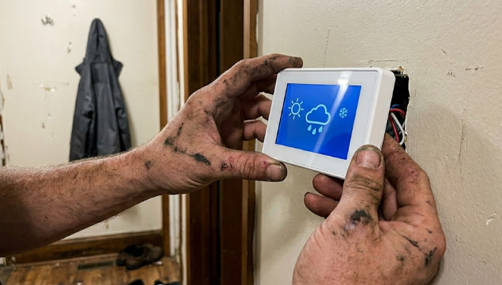 Upgrading to a new smart thermostat during a high-efficiency AC replacement in Spokane, WA.