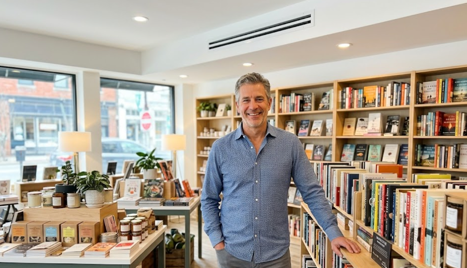 A happy retail store owner enjoying a comfortable, climate-controlled business environment thanks to reliable HVAC services.