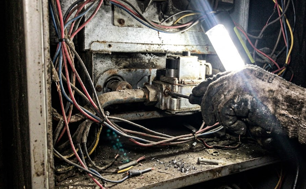 Professional HVAC technician performing detailed commercial HVAC maintenance on a system.