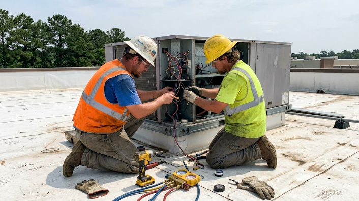 Commercial air conditioning installers setting up a new HVAC unit on a business roof in Spokane.
