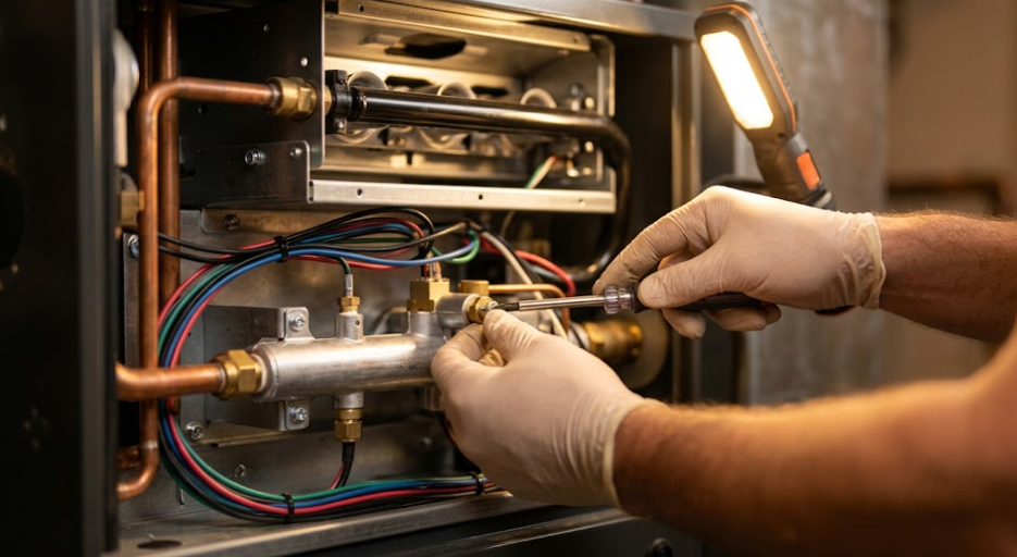 Close up of a heating specialist repairing a broken furnace part with a screwdriver.