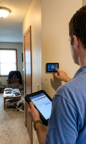 A friendly HVAC technician from Spokane Heating and Cooling checking a home thermostat.