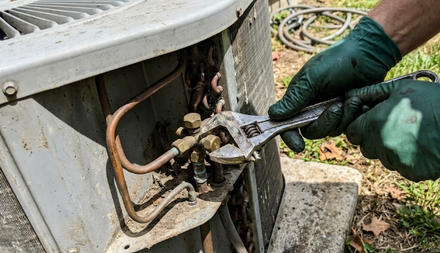 Professional AC repair services fixing an outdoor cooling unit in Spokane WA.