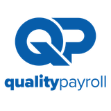 A blue and white logo for quality payroll