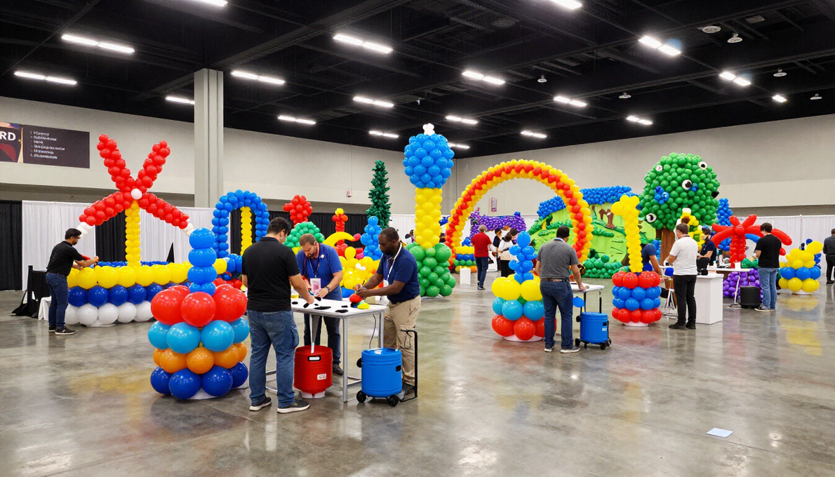 Indoor balloon art display with colorful inflatable structures and children in a large hall