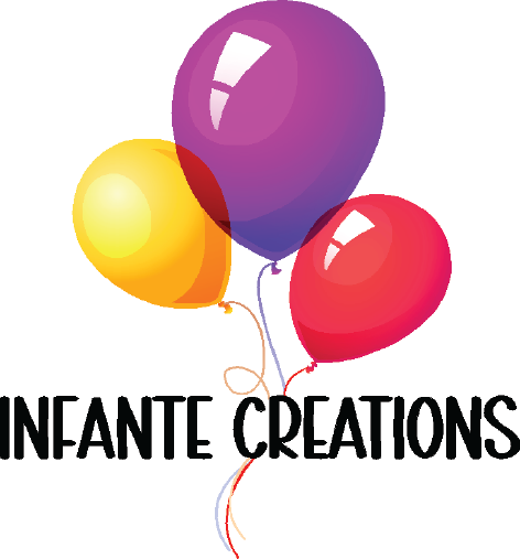 Colorful balloons above the text “INFANTE CREATIONS” in a playful logo