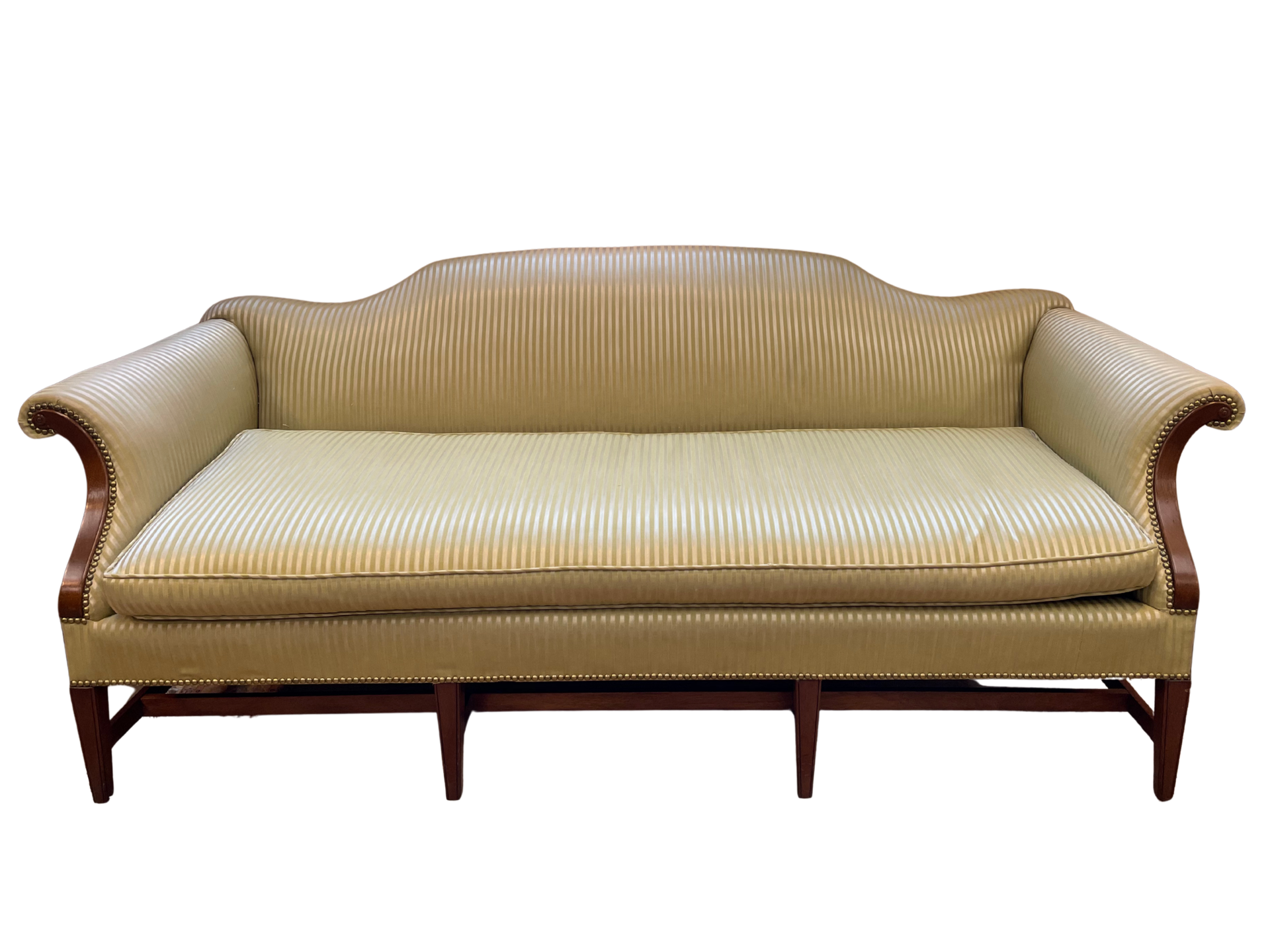 Vintage Chippendale Camelback Sofa in Striped Light Green Upholstery