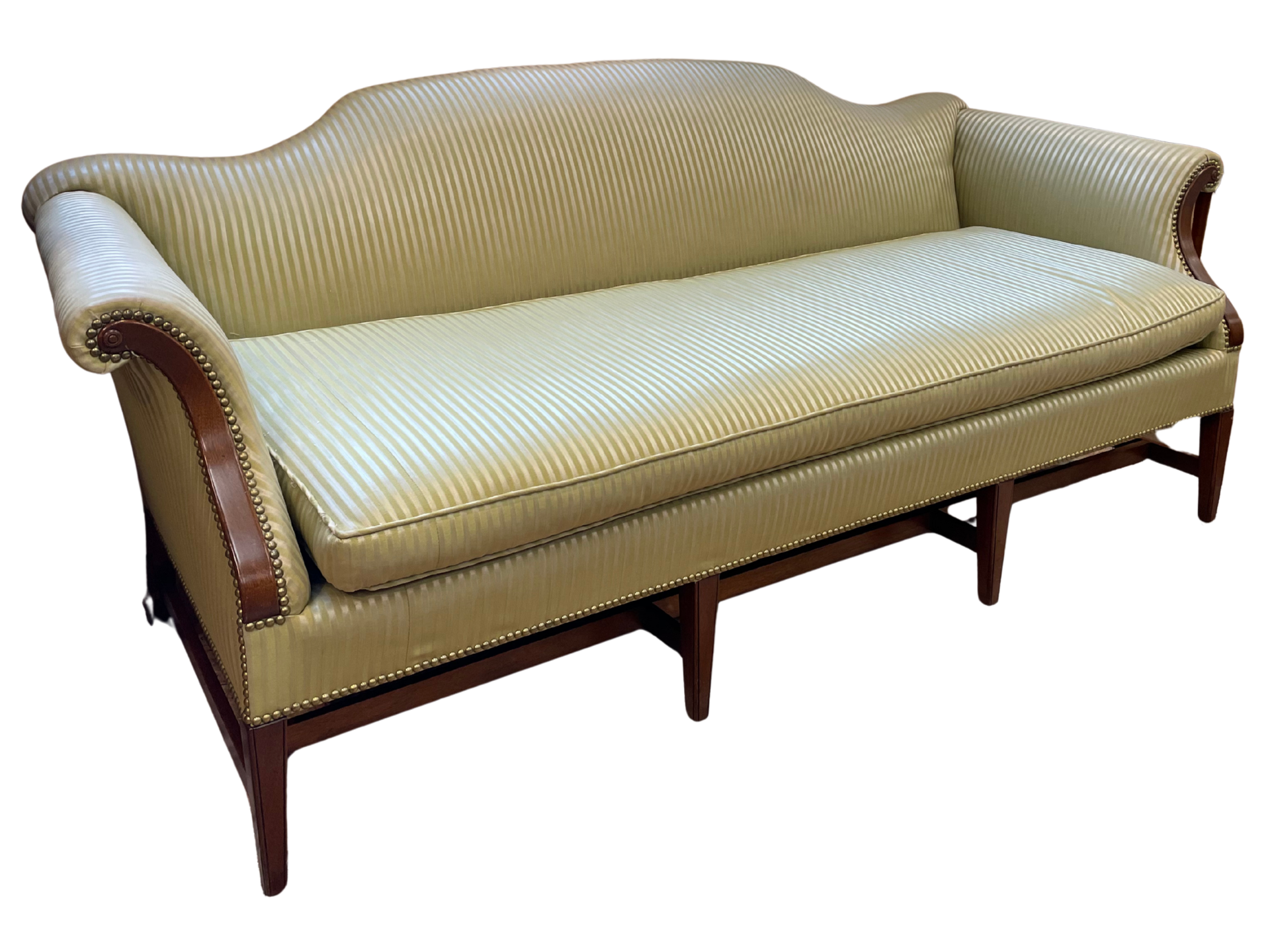 Vintage Chippendale Camelback Sofa in Striped Light Green Upholstery
