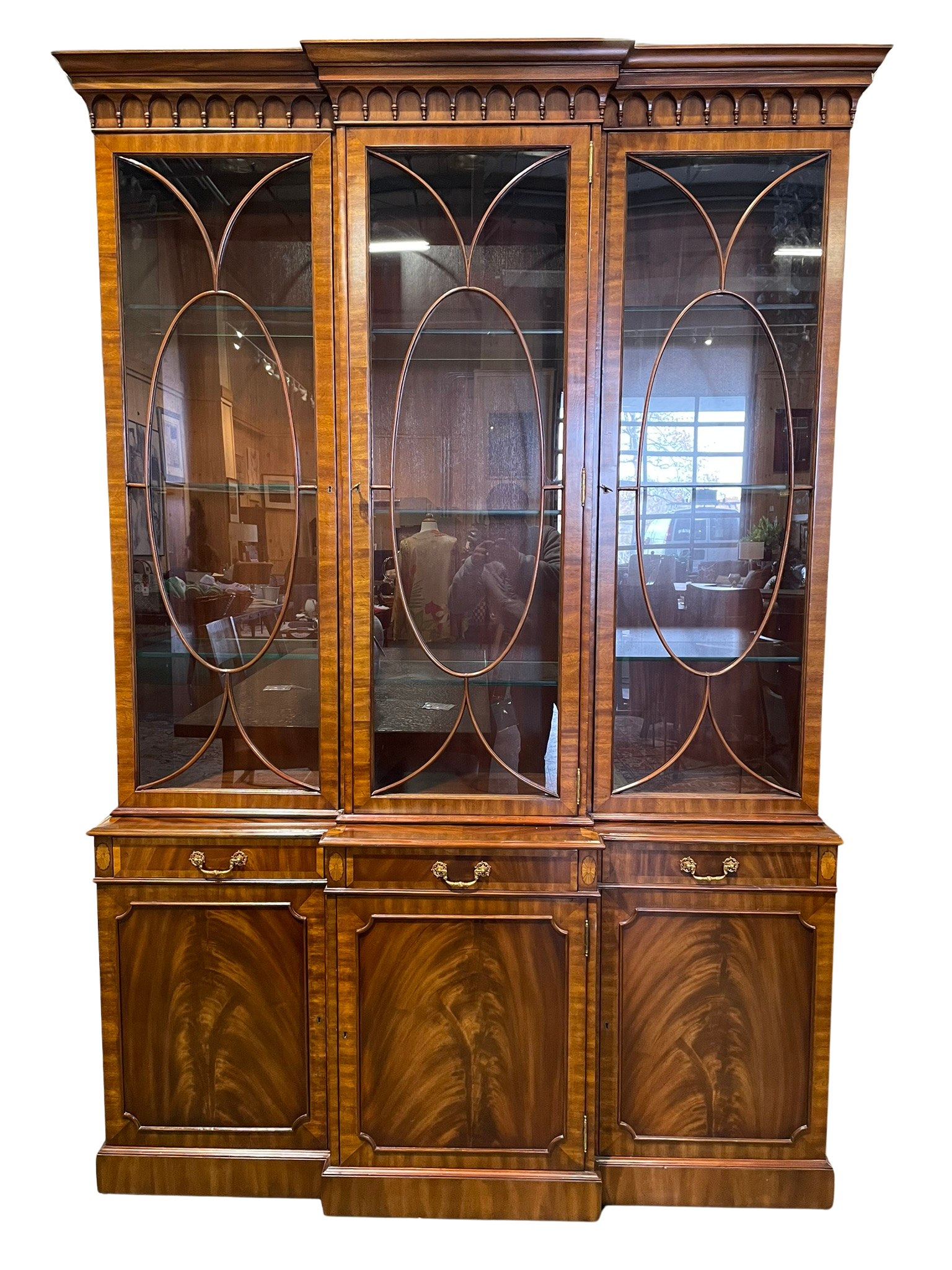 Maitland-Smith Mahogany Inlaid Breakfront Lighted China Cabinet