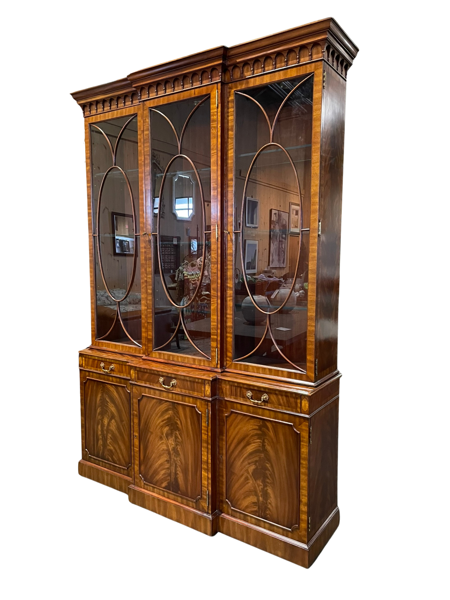 Maitland-Smith Mahogany Inlaid Breakfront Lighted China Cabinet
