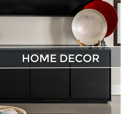 Black cabinet with decor, labeled 