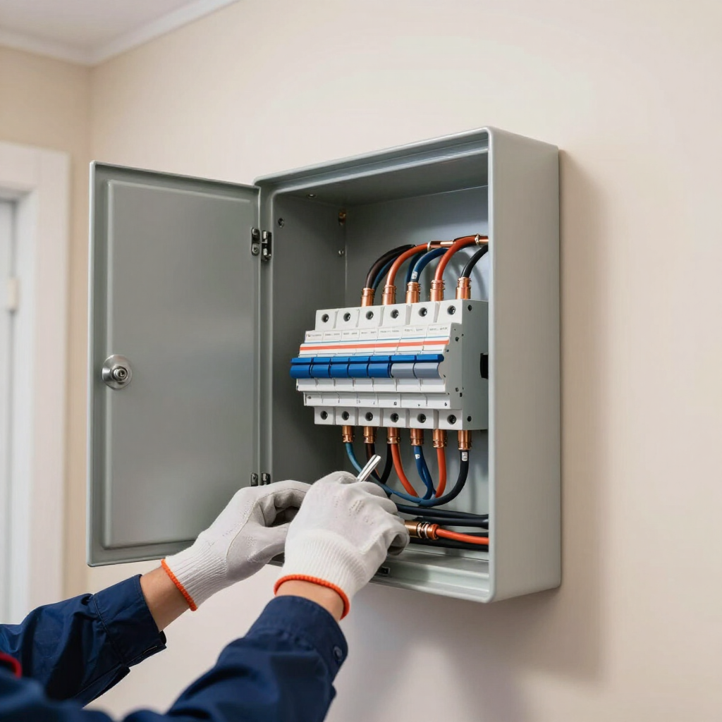 Open electrical distribution panel with rows of circuit breakers and wiring in a metal cabinet.