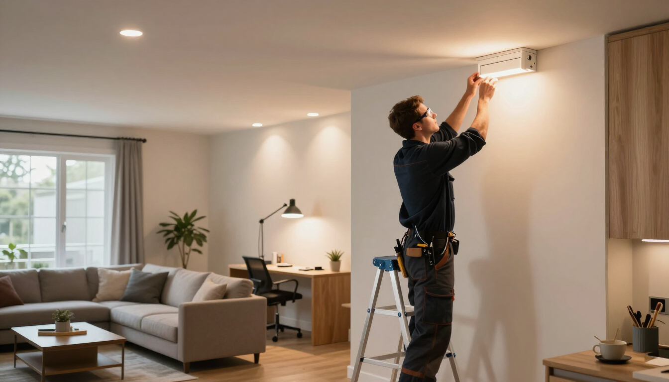 Person on a ladder installing a ceiling light in a bright living room.