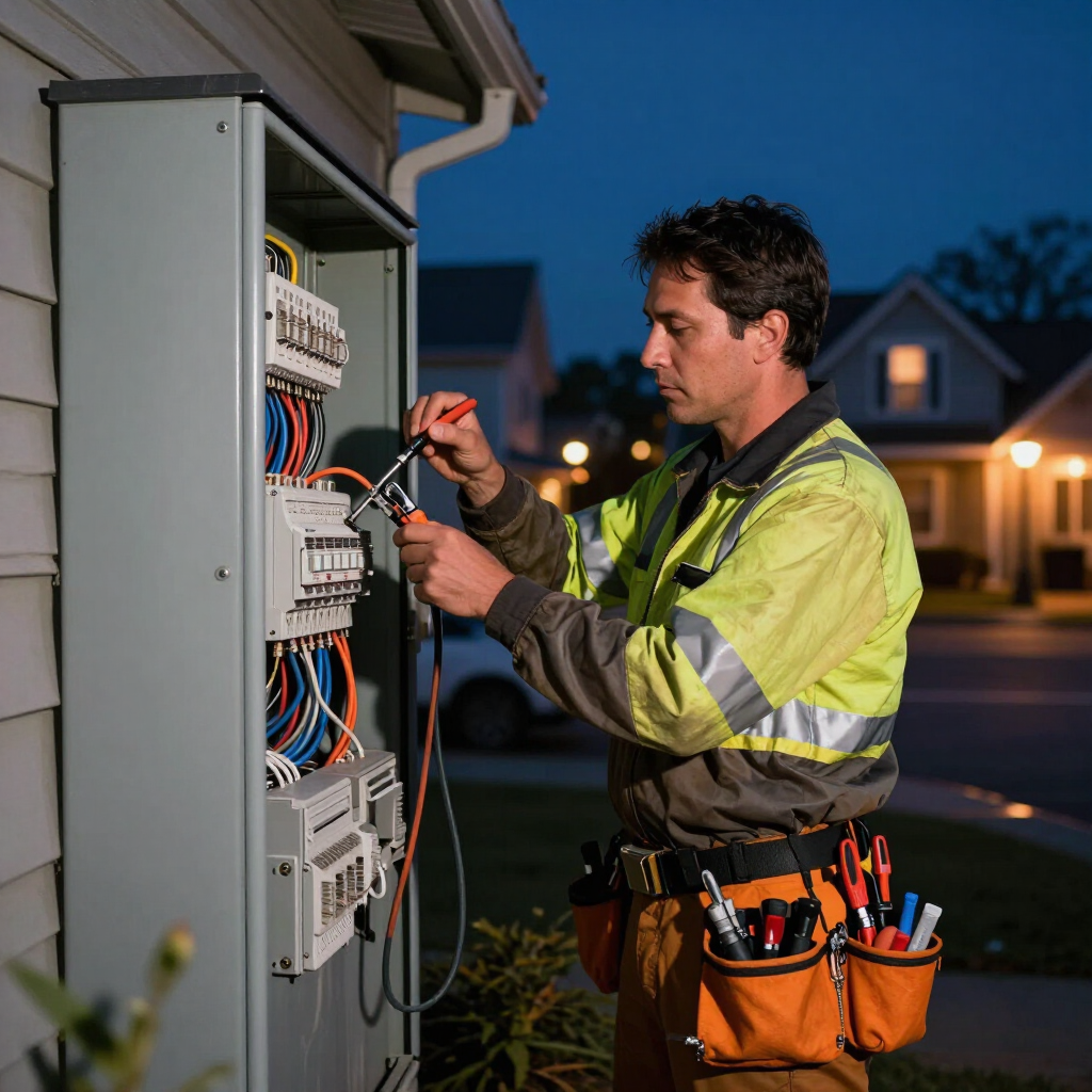 Electrician in a neon jacket wiring an open outdoor electrical panel at dusk.