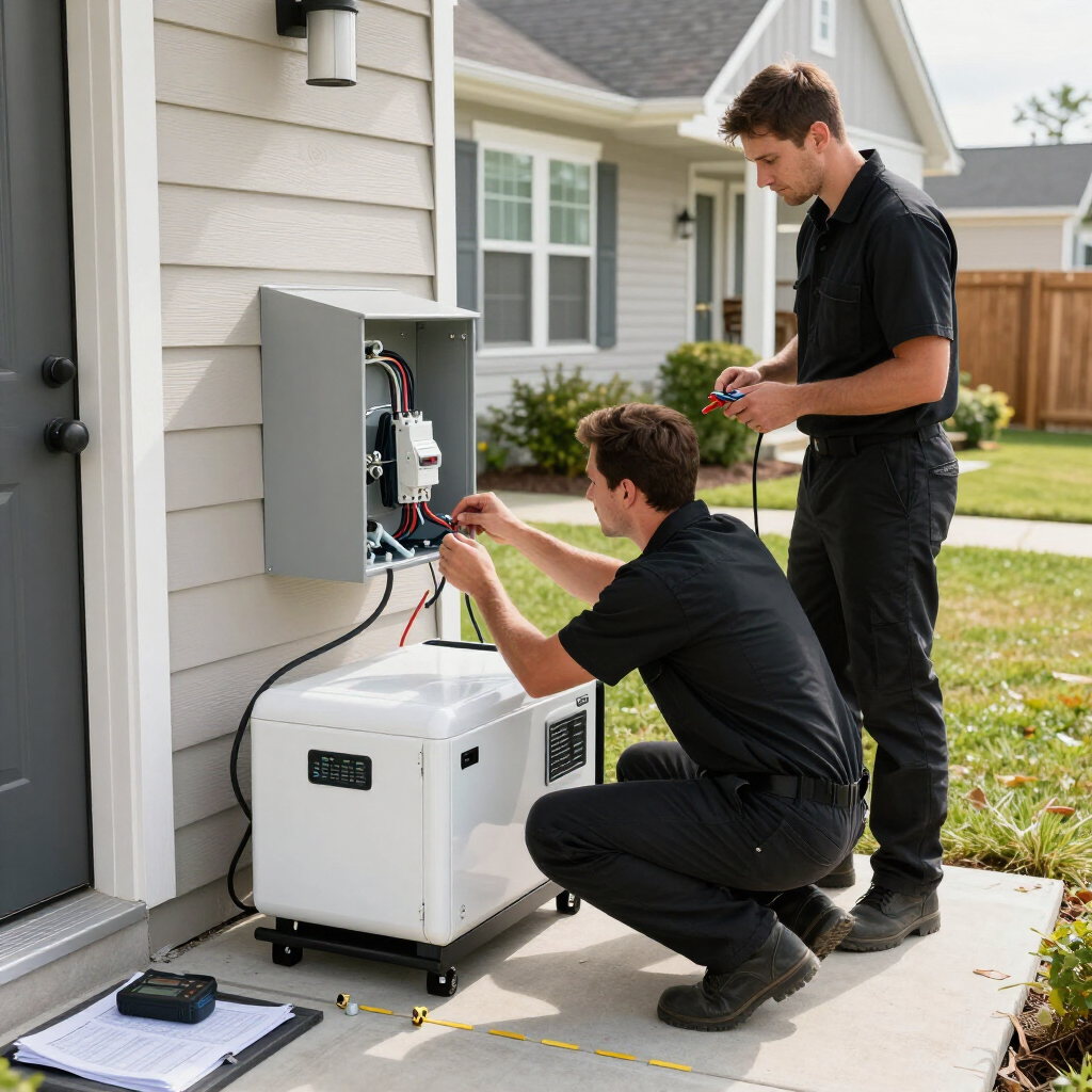Two technicians connecting a white home generator beside a house exterior panel