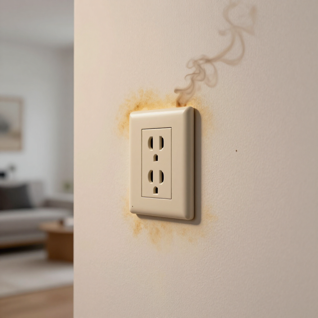 Wall outlet with smoke stains on a beige wall, suggesting overheating or fire damage