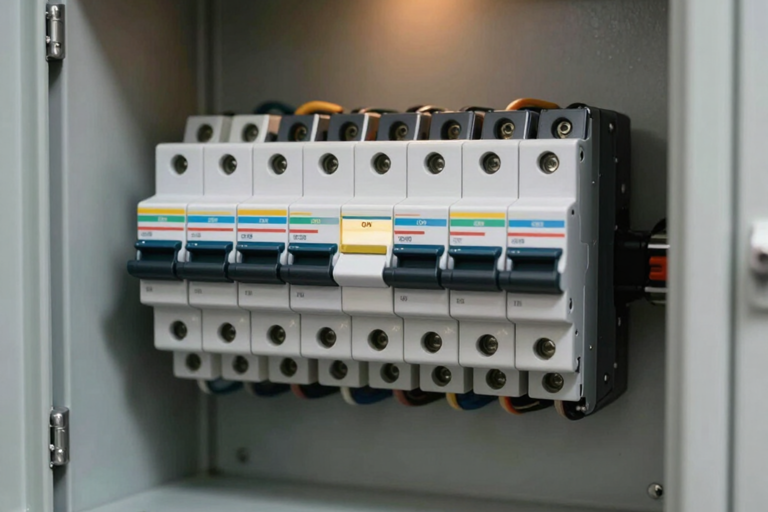 Electrical circuit breakers mounted inside a metal control panel cabinet.