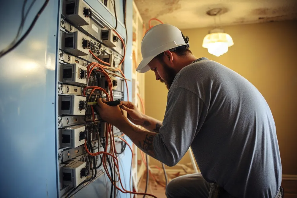 A person wearing a white hard hat works on wiring inside an open electrical panel in a room with a ceiling light.