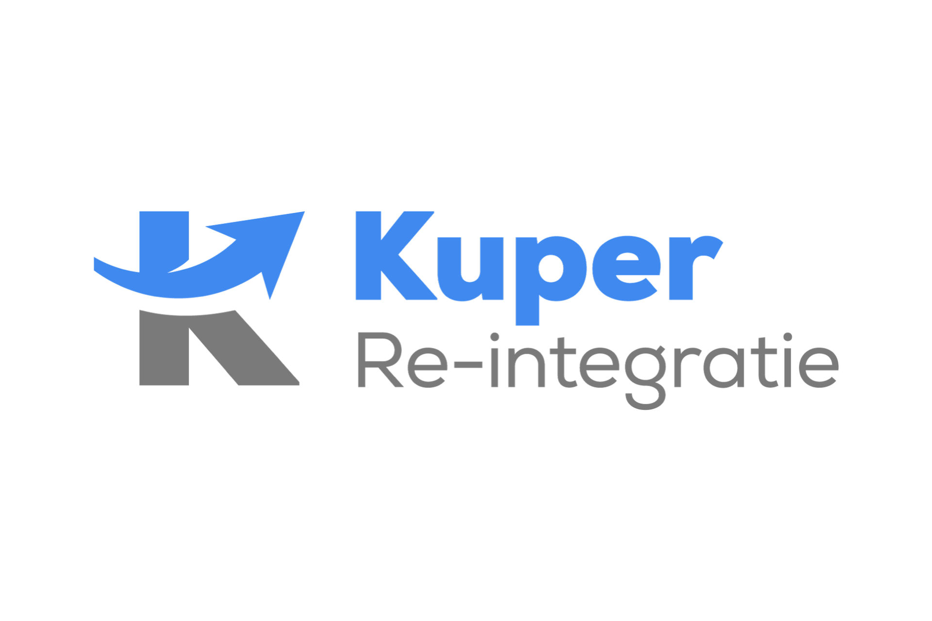 Kuper Re-integratie logo met een blauw en grijs gestileerde K en pijl-icoon