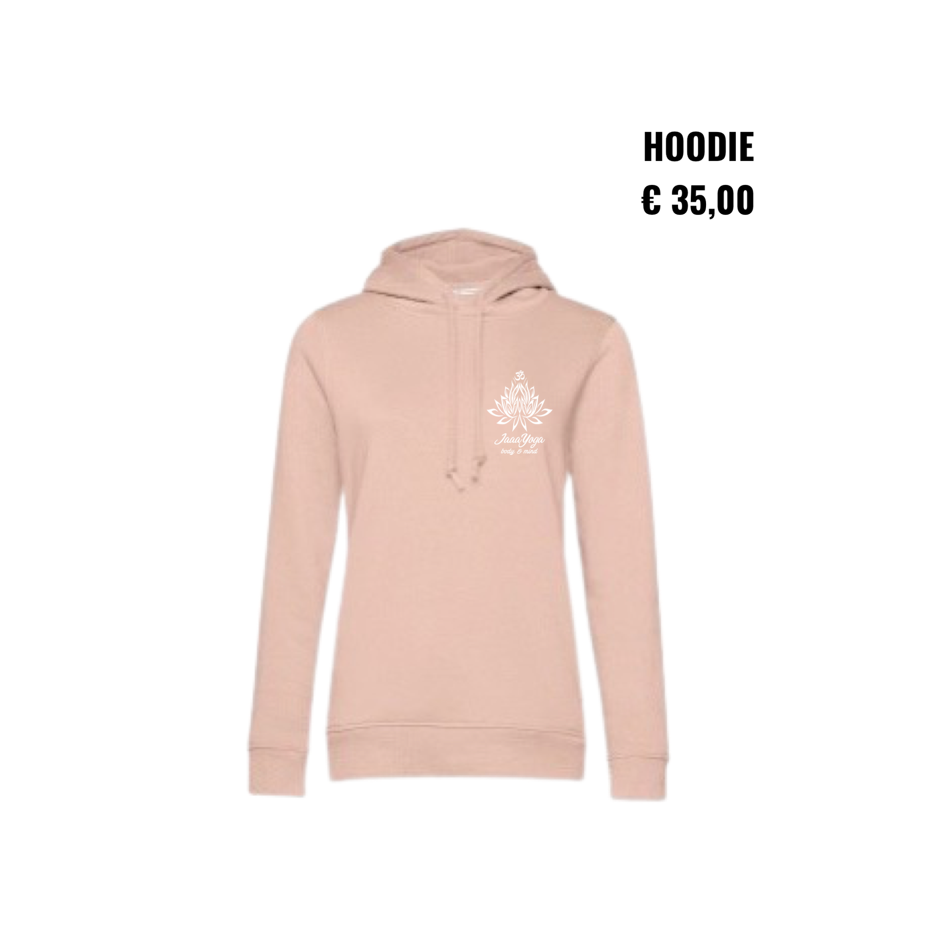 Lichtroze hoodie met voorzak, afgebeeld op een witte achtergrond, prijs €35,00.