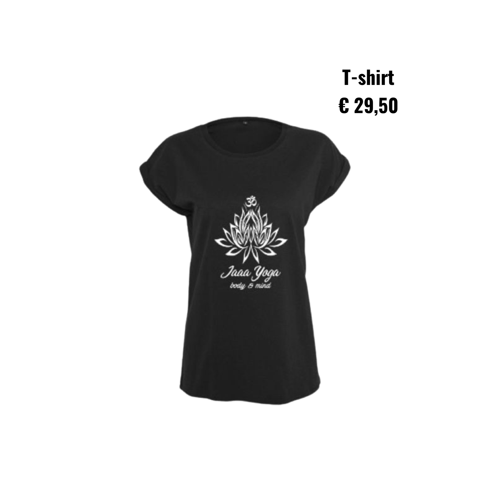 Zwart T-shirt met witte lotusprint en tekst, met het opschrift “T-shirt €29,50”.