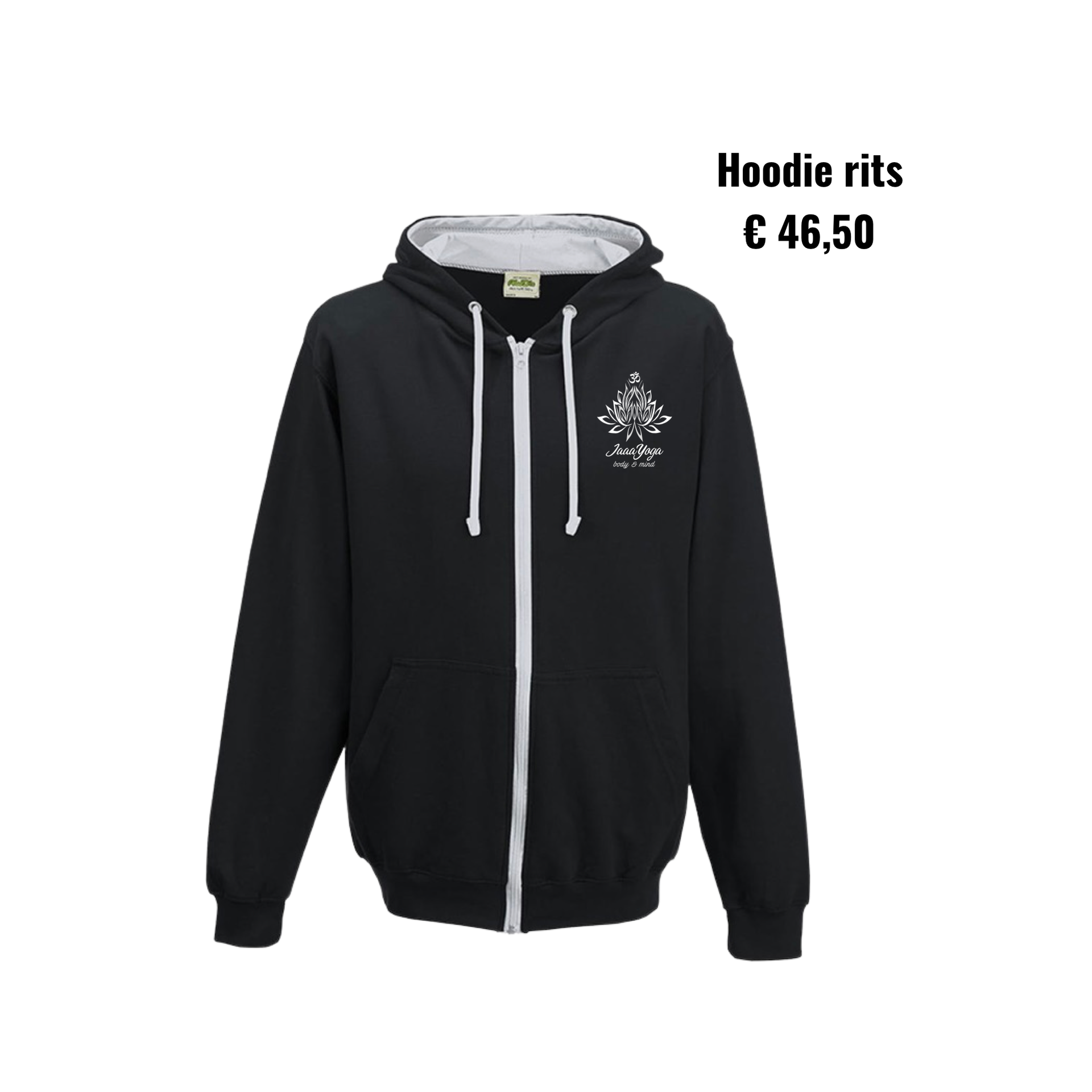 Zwarte hoodie met ritssluiting en witte trekkoorden, met opschrift “Hoodie rits € 46,50”