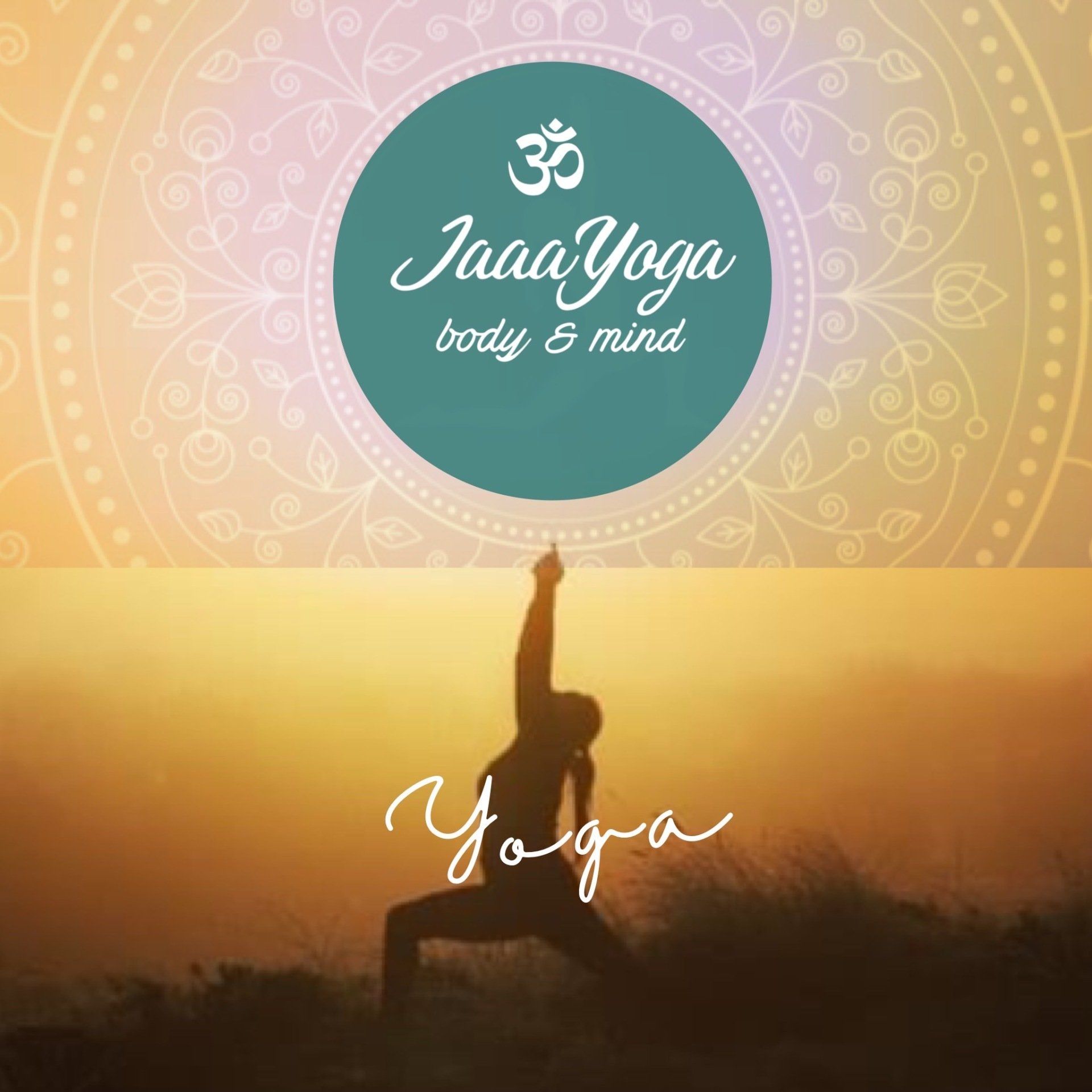 Het JaaYoga-logo boven een yogasilhouet bij zonsopgang met de tekst 