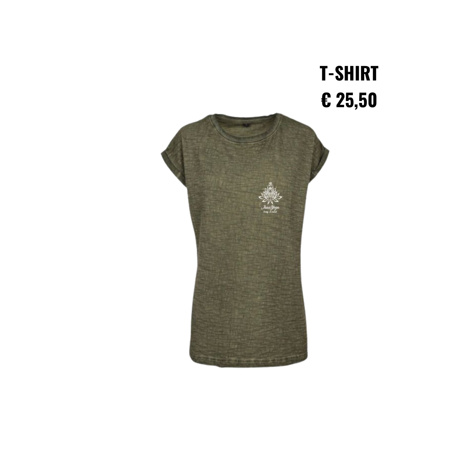 Olijfgroen T-shirt op een witte achtergrond, met opschrift “T-SHIRT € 25,50”