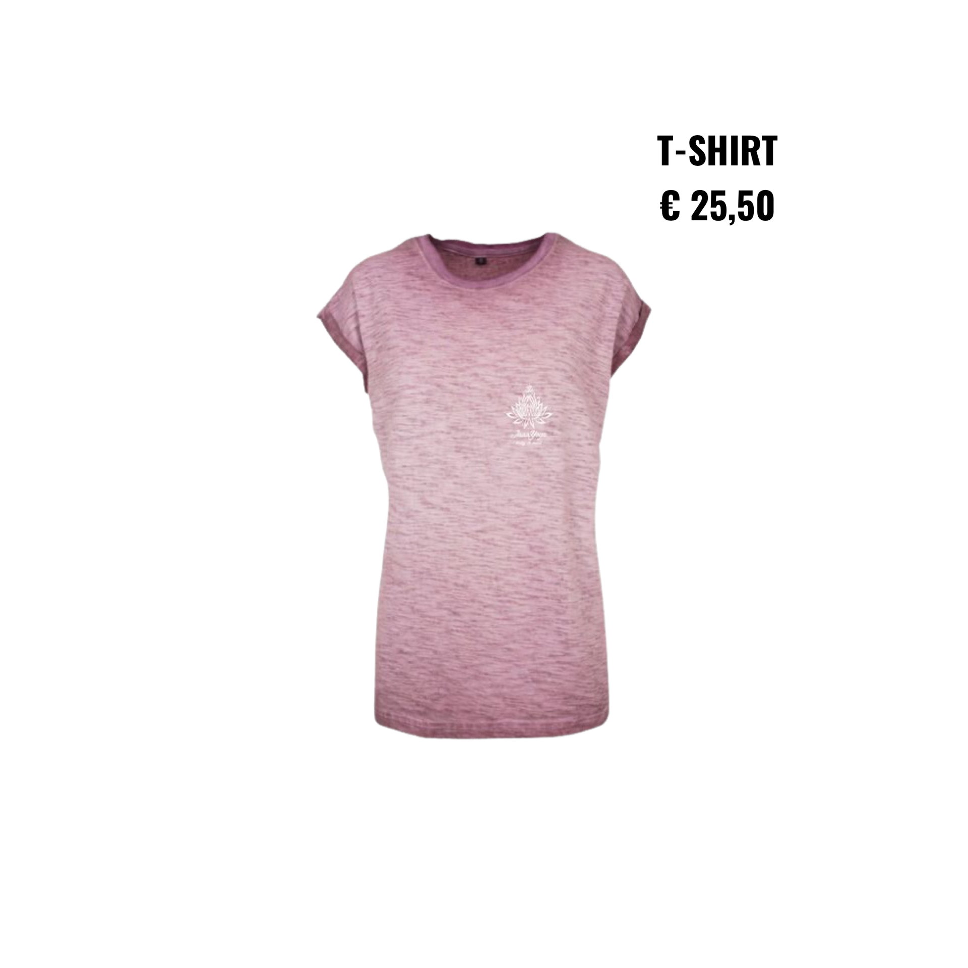 Roze T-shirt met korte mouwen, met het opschrift “T-SHIRT € 25,50” op een witte achtergrond.