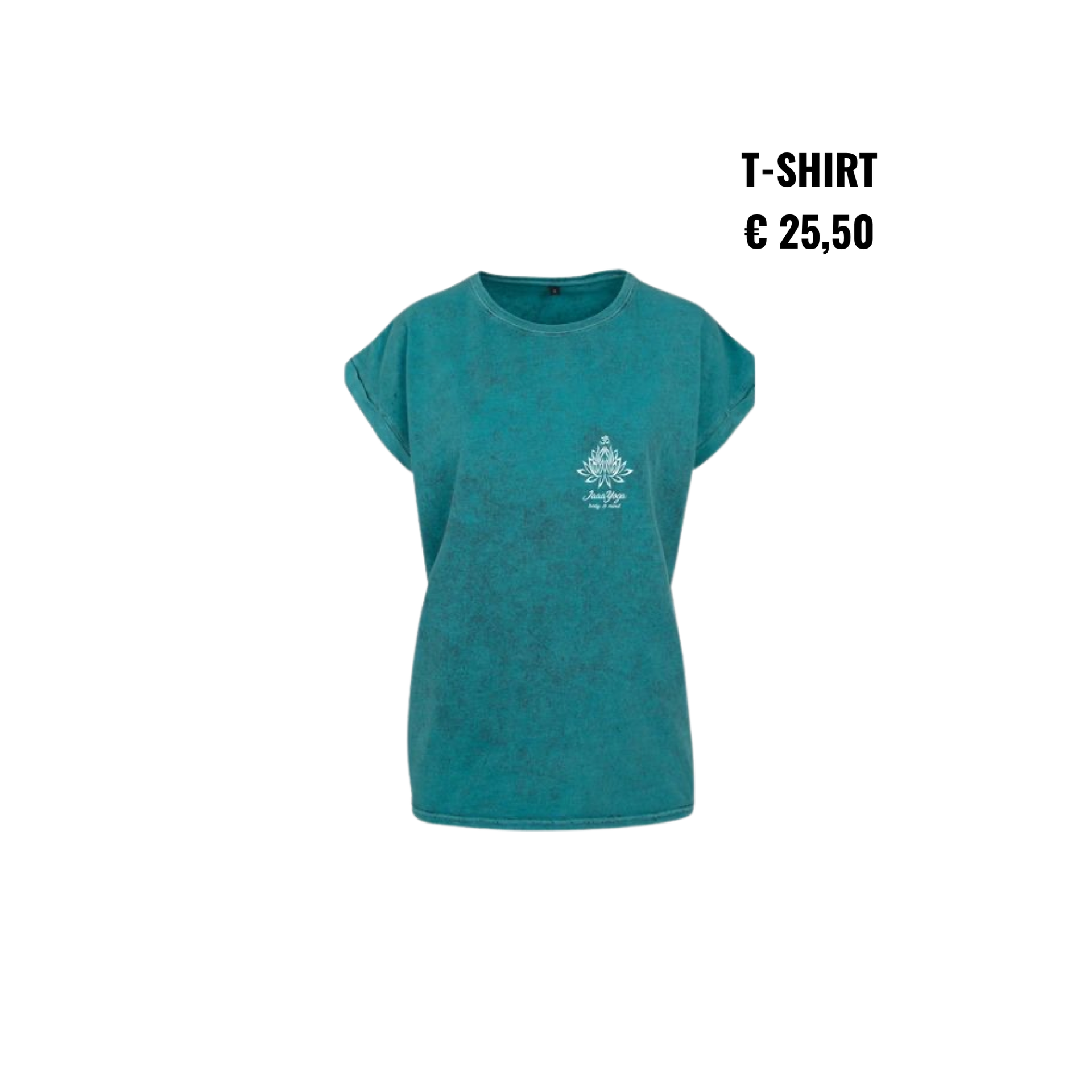 Turquoise T-shirt met klein wit logo, prijs €25,50